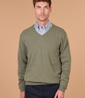 Men's eucalyptus mélange V-neck lambswool jumper - ELIAN