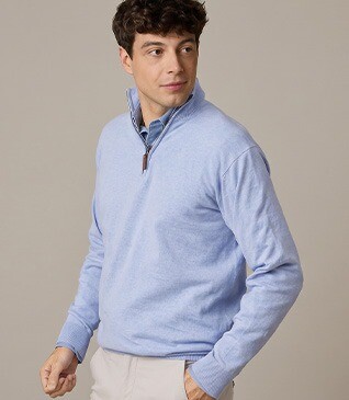 Light Blue Melange organic cotton/cashmere half-zip thin pullover - VLAD