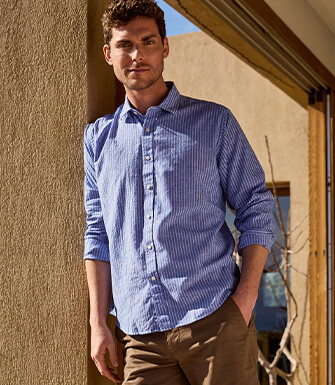 Cotton and linen striped shirt in ocean blue and blue - EDIBERT