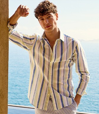 Cotton and linen striped shirt in blue, yellow and light green - EDIBERT