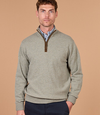 Men's khaki mélange zip neck lambswool jumper - KEITHY