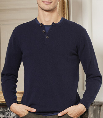 Navy blue buttoned neck wool jumper - CULIAN