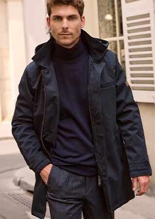 Dark navy padded Men's trench coat - AURESTILDE