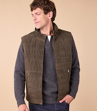 Khaki Suede sleeveless Down Jacket - NIKLAS