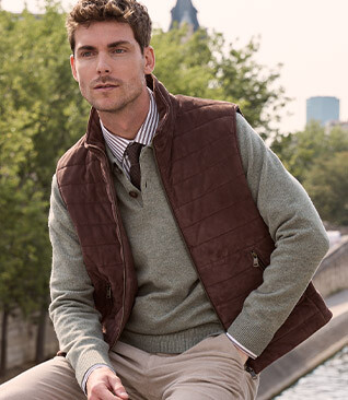 Men's sleeveless down gilet in chocolate suede - NIKLAS