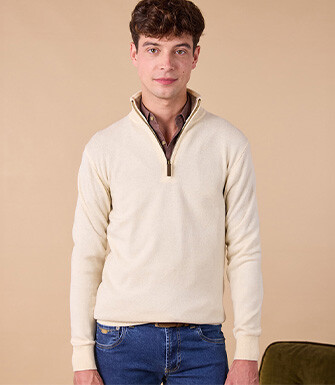 Ecru and Light Heather Taupe half-zip wool jumper - KEYDEN II