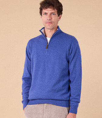 Heather Denim Blue and Light Beige half-zip wool jumper - KEYDEN II
