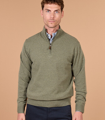 Men's two-tone eucalyptus and taupe lambswool zip jumper - KEYDEN II