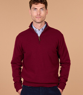 Men's two-tone burgundy and navy lambswool zip jumper - KEYDEN II