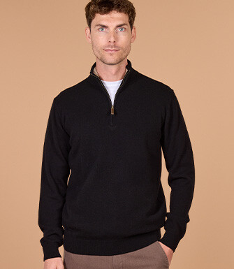 Men's two-tone black and taupe mélange lambswool zip jumper - KEYDEN II