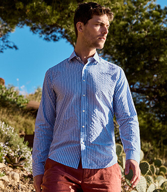 Men’s blue shirt with fine white stripes - FOLBERT