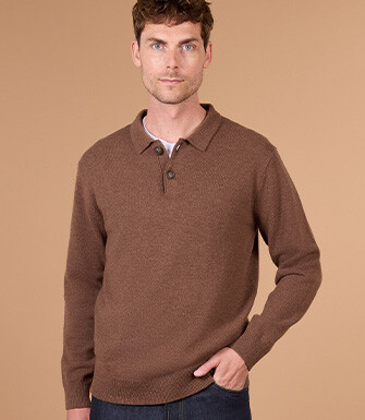 Men's chocolate mélange polo collar lambswool jumper - BRAIDRICK