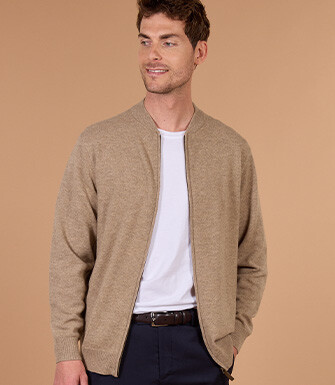 Men's light taupe mélange full zip lambswool cardigan - BRENNICK