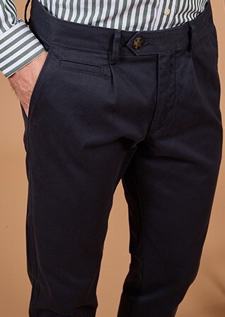 Men's navy pleated cotton twill chino trousers - KAYNAN