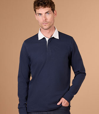 Men's navy washed cotton long sleeve rugby polo - SKYLER