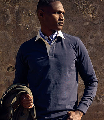 Men's navy washed cotton long sleeve rugby polo - SKYLER