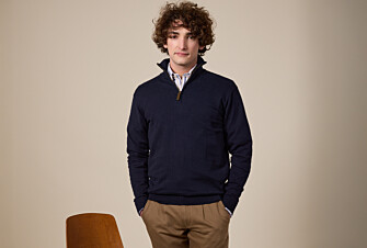 Navy organic cotton/cashmere half-zip thin pullover - VLAD