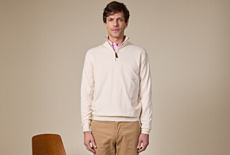 Slim Men's Organic Cotton/Cashmere Sweater with Zipped Collar, Heathered Ecru - VLAD