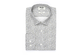 Taupe cotton shirt printed white and blue flowers - VICTORIEN