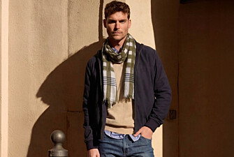 Men’s Linen and Cotton Scarf - Ecru with Khaki and Navy Pattern