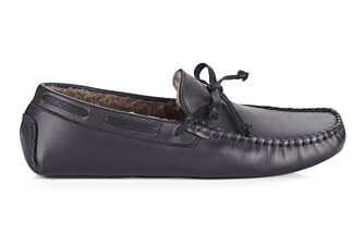 Black leather Wool Lining Moccasin slippers