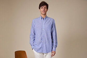 Blue Chambray & White trim long sleeve cotton linen shirt - COLTEN