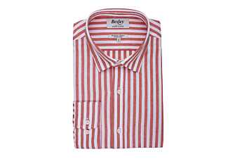 Coral & White striped cotton linen shirt - SIMONIN