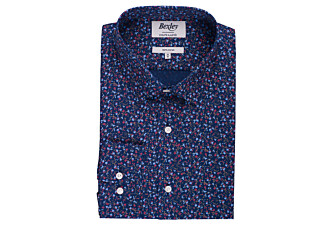 Dark Blue cotton shirt with blue and red floral print - GASSIEN