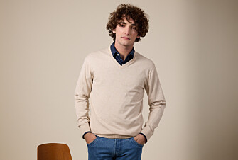 Slim Men's Sweater with V-Neck, Organic Cotton/Cashmere, Light Beige Heathered - VALTON