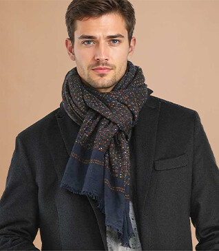 Tawny and Grey patterned Navy Wool scarf