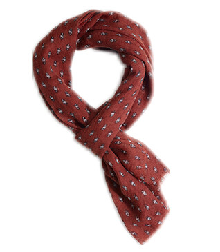 Men's brick red woolen scarf with beige pattern