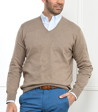 Taupe Melange cotton/cashmere thin v-neck jumper - VADIM