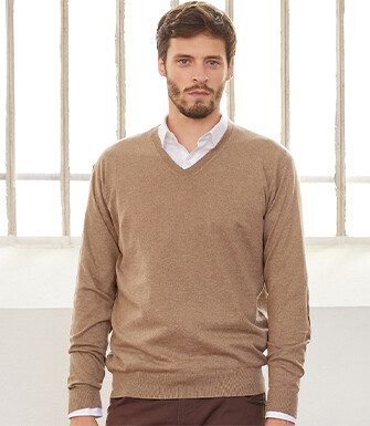 Taupe Melange organic cotton/cashmere thin v-neck jumper - VADIM