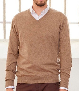 Taupe Melange organic cotton/cashmere thin v-neck jumper - VADIM