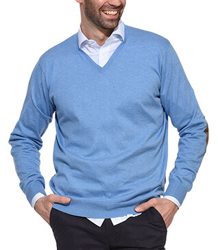 Blue Melange cotton/cashmere thin v-neck jumper - VADIM