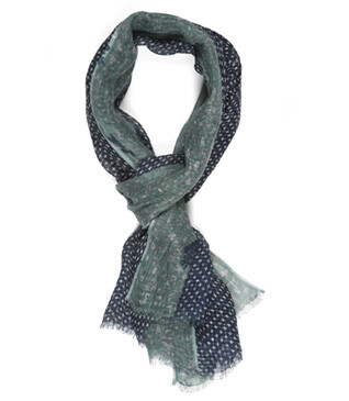 Linen Thin Scarf Navy and green pattern