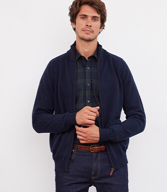 Navy Blue lambswool full zip sweater - KANE