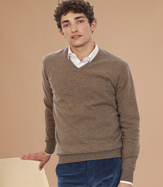 Taupe Grey Melange v-neck wool jumper - ELIAN