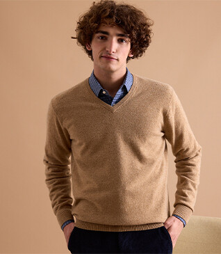 Dark Beige Melange v-neck wool jumper - ELIAN