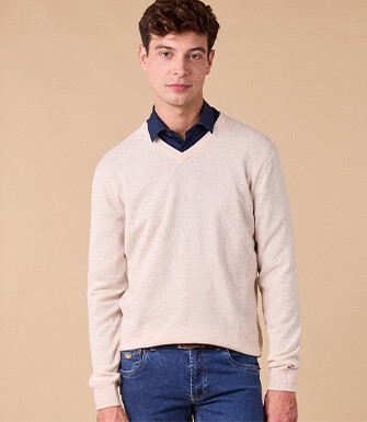 Light beige Melange V-neck wool jumper - ELIAN