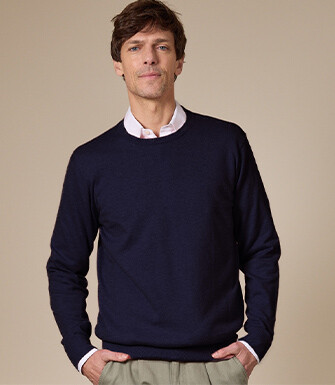 Navy organic cotton/cashmere Round collar thin jumper - VLADIMIR
