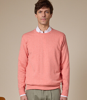 Slim Men's Sweater with Round Neck, Cotton/Cashmere, Heathered Orange - VLADIMIR