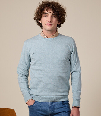 Slim Men's Sweater with Round Neck, Cotton/Cashmere, Pastel Blue - VLADIMIR