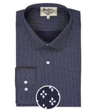 Navy shirt printed - beige patterns - Straight collar - ALPHONSE