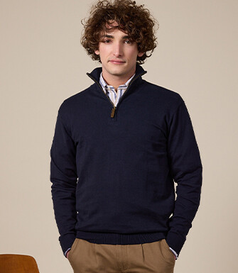 Navy organic cotton/cashmere half-zip thin pullover - VLAD