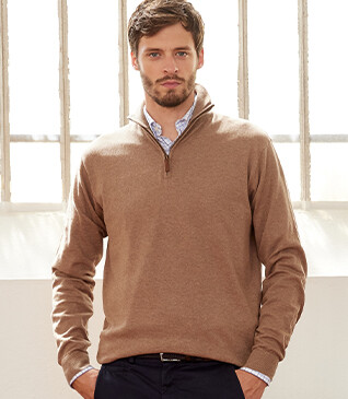 Taupe Melange organic cotton/cashmere half-zip thin jumper - VLAD