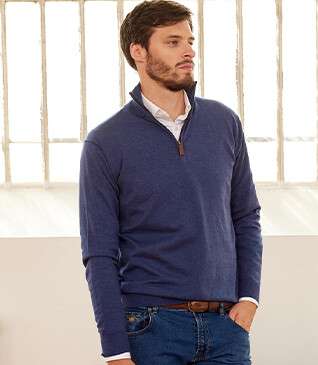 Dark Blue Melange organic cotton/cashmere half-zip thin jumper - VLAD