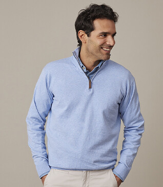 Light Blue Melange organic cotton/cashmere half-zip thin pullover - VLAD