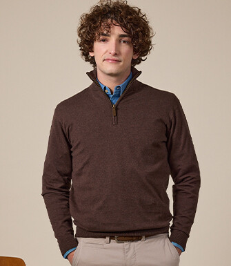 Dark Chocolate organic cotton/cashmere half-zip thin pullover - VLAD