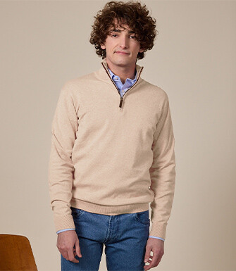 Beige Melange organic cotton/cashmere half-zip thin pullover - VLAD